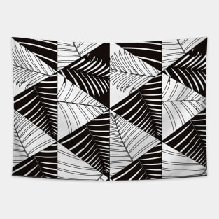 Black And White Palm Leaves And Geometric Forms Pattern Seamless Tapestry