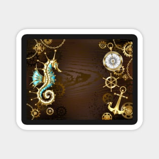 Wooden Background with Mechanical Seahorse ( Steampunk ) Magnet