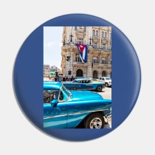 Blue Cars In Havana And Cuban Flag Pin