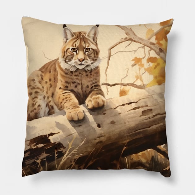 Lynx Sitting on a Branch Watercolor Pillow by Chris Castler