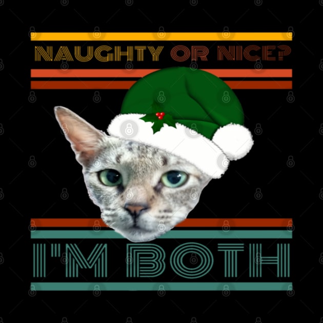 Naughty Or Nice? I'm Both Funny Retro Text Design with Cat in Green Santa Hat with Holly by aspinBreedCo2