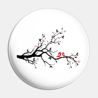 Kissing birds on love tree with red hearts Pin