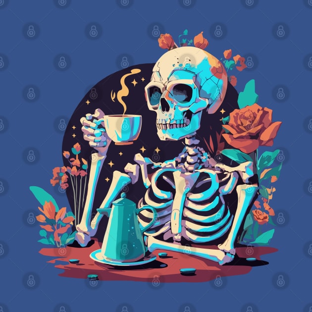 Skeleton drinking coffee by PrintSoulDesigns