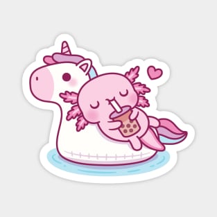 Cute Axolotl Chilling On Unicorn Pool Float Drinking Bubble Tea Magnet