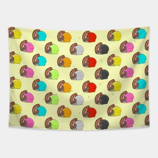 American Football - Colorful Helmets and Ball Pattern on Yellow Background Tapestry