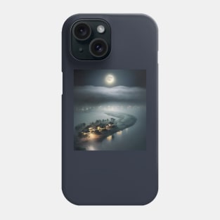 A view from sky of a full moon floating over clouds overlooking beach village Phone Case