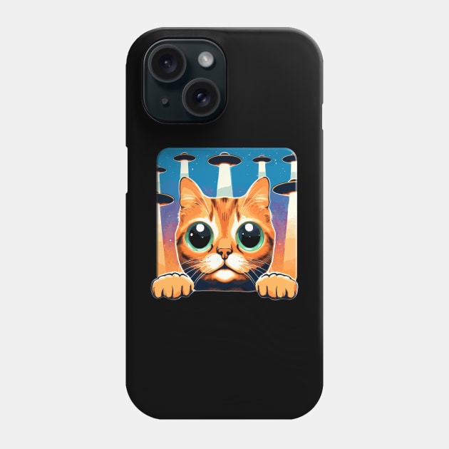 Big Eyed Funny Cat Selfie With UFOs Behind Phone Case by KromADesign