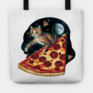 Explorer cat riding a slice of pizza in space Tote