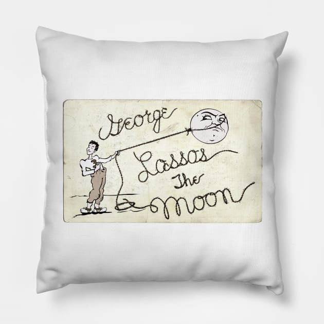 George Lassos The Moon vintage postcard look Pillow by Popmosis Design