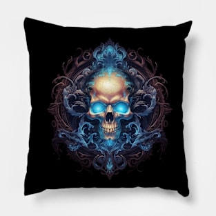 Skull on Blue Fire: Baroque Vintage Ornament Background Pillow