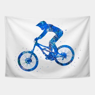 Downhill mountain bike jump blue watercolor Tapestry