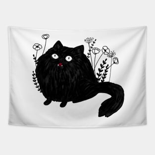 Funny fluffy black cat with flowers Tapestry