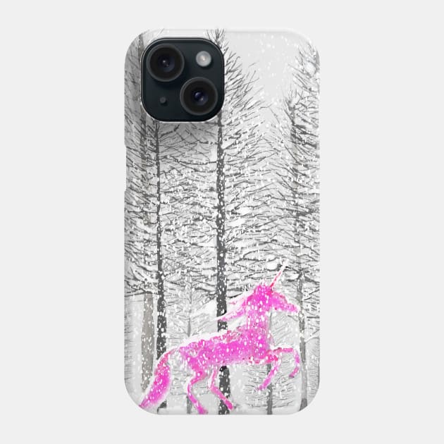 pink unicorn in snowing forest watercolor Phone Case by colorandcolor