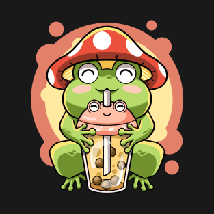 Kawaii Boba Tea Bubbles Frog Mushroom Hat Cute Cottagecore T-Shirt