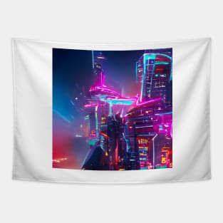 Futuristic Cyberpunk City with Neon Signs Tapestry