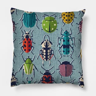 These don't bug me // pattern // duck egg blue background green yellow neon red orange pink blue and black and ivory retro paper cut beetles and insects Pillow