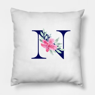 Watercolor Floral Letter N in Navy Pillow