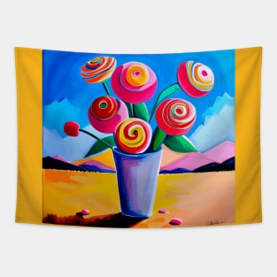 Cute Abstract Flowers in a Desert Mountain Landscape Tapestry