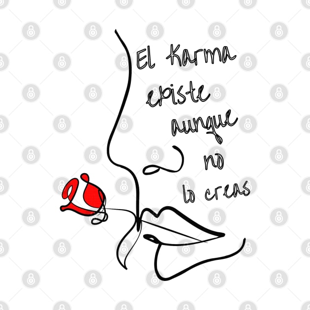 Phrase in Spanish: Karma exists N.2. Abstract and linear face of a woman in black biting a red rose. by Rebeldía Pura