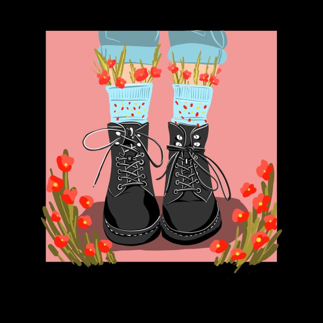 illustration black shoes with flowers.  boots with socks.flowers in socks by Nushech