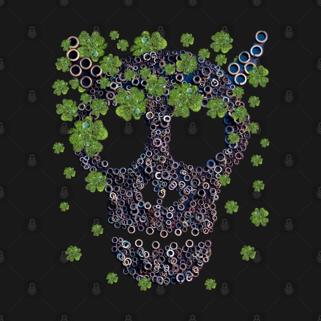 Creepy Mechanical Skull Green Clovers Retro St Patricks Day by Ai Wanderer