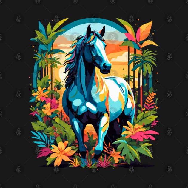 Horse in surreal fantasy forest sunset retro poster design by Neon City Bazaar