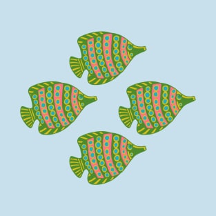 ANGLED ANGELS Tropical Angel Fish Spotted Undersea Ocean Sea Creatures in Green Pink Blue Yellow - UnBlink Studio by Jackie Tahara T-Shirt