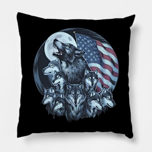 Wolves Under Moon Howling Wolf 4th of July American Flag Pillow