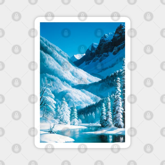 Snowy Alpine River in Winter Magnet by CursedContent