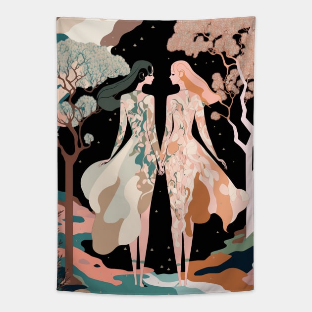 Lovers in the Woods - Two Women Hiking Through a Beautiful Forest Landscape Tapestry by JensenArtCo