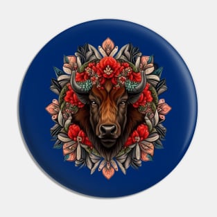 American bison Surrounded By A Wreath Of Indian Paintbrush Tattoo Style Art Pin