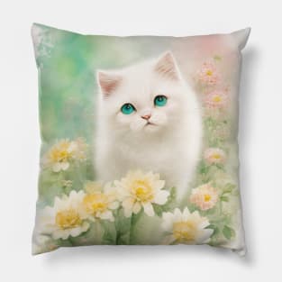 Happy White Cat in the Flower Garden Soft Pastel Colors Pillow