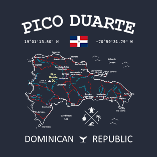 Dominican Republic Flag Travel Map Pico Duarte Coordinates Roads Rivers and Oceans White T-Shirt