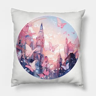 Pink city and butterflies Pillow