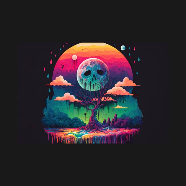 Rainy Night. Sad Full Moon. - Psychedelic Landscape - Paint Dripping 3D Illustration - Colorful Haunted Nature Scene by JensenArtCo