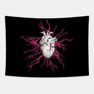 Vintage Human heart and veins, arteries, blood, illustration art, dark, purple roses Tapestry