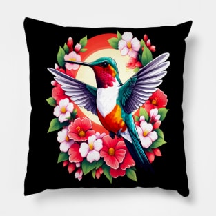 Cute Ruby Throated Hummingbird Surrounded by Spring Flowers Pillow