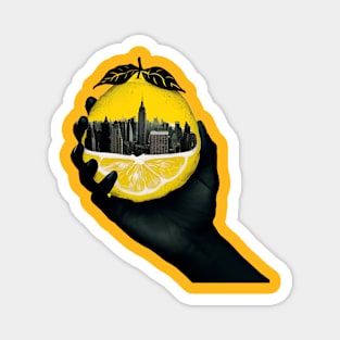 A hand holding a city inside a lemon Magnet