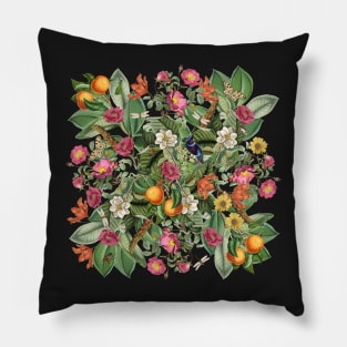 Lush Vintage Garden with Bird, Butterfly, & Fruit Pillow