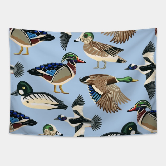 American Duck Species Pattern in Blue Tapestry by paintedpansy