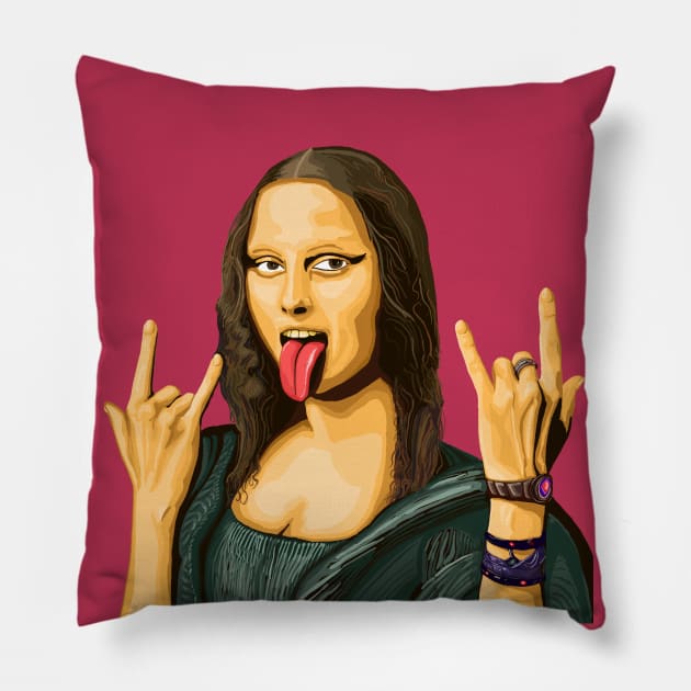 Mona Lisa rocks out - luxury painting no background - devil horns tongue out Pillow by SmerkinGherkin