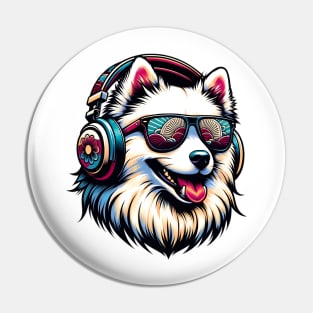 Smiling Japanese Spitz DJ with Stylish Sunglasses Pin