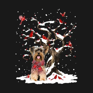 Yorkshire Terrier Scarf Cardinal Snow Christmas T-Shirt