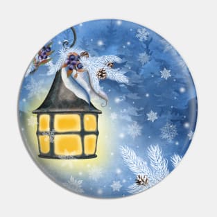 Vintage streetlamp watercolor illustration. Winter fairy background. Christmas fantasy illustration.  Night magic scenery Pin