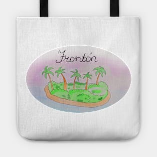 Frontón watercolor Island travel, beach, sea and palm trees. Holidays and vacation, summer and relaxation Tote