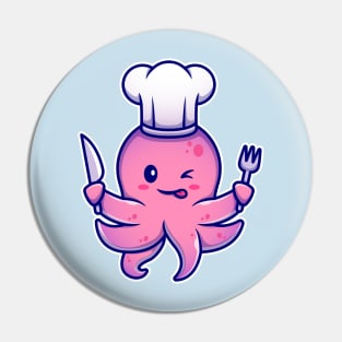 Octopus Chef Holding Knife And Fork Cartoon Pin