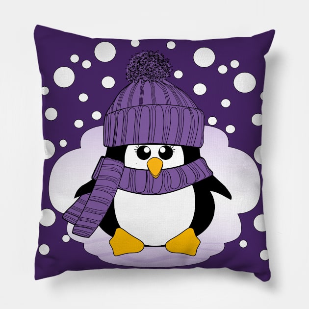 Christmas Penguin with Purple Hat and Scarf Pillow by Krimbles