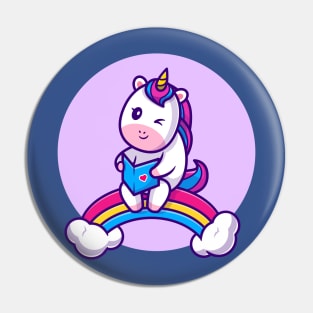 Cute Unicorn Reading Book On Rainbow Cartoon Pin