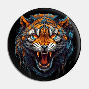 Cybernetic Fury Unleashed - Close-up of a Roaring Tiger Pin