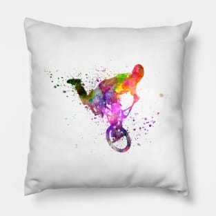 Man exercising bmx acrobatic figure in watercolor Pillow